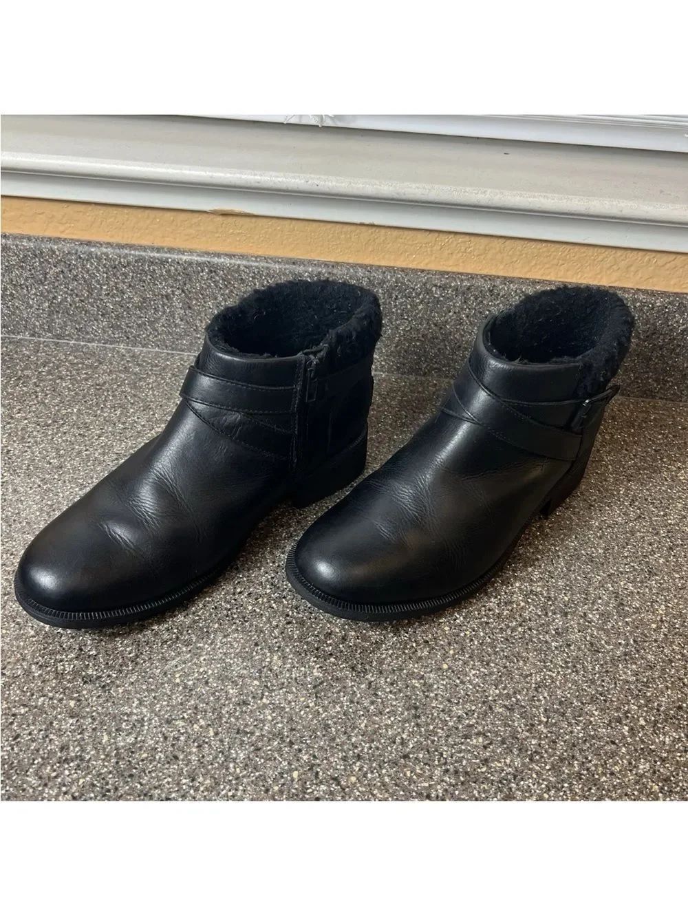 UGG Black Leather Ankle Booties with Faux-Shearling Collar and Buckle
